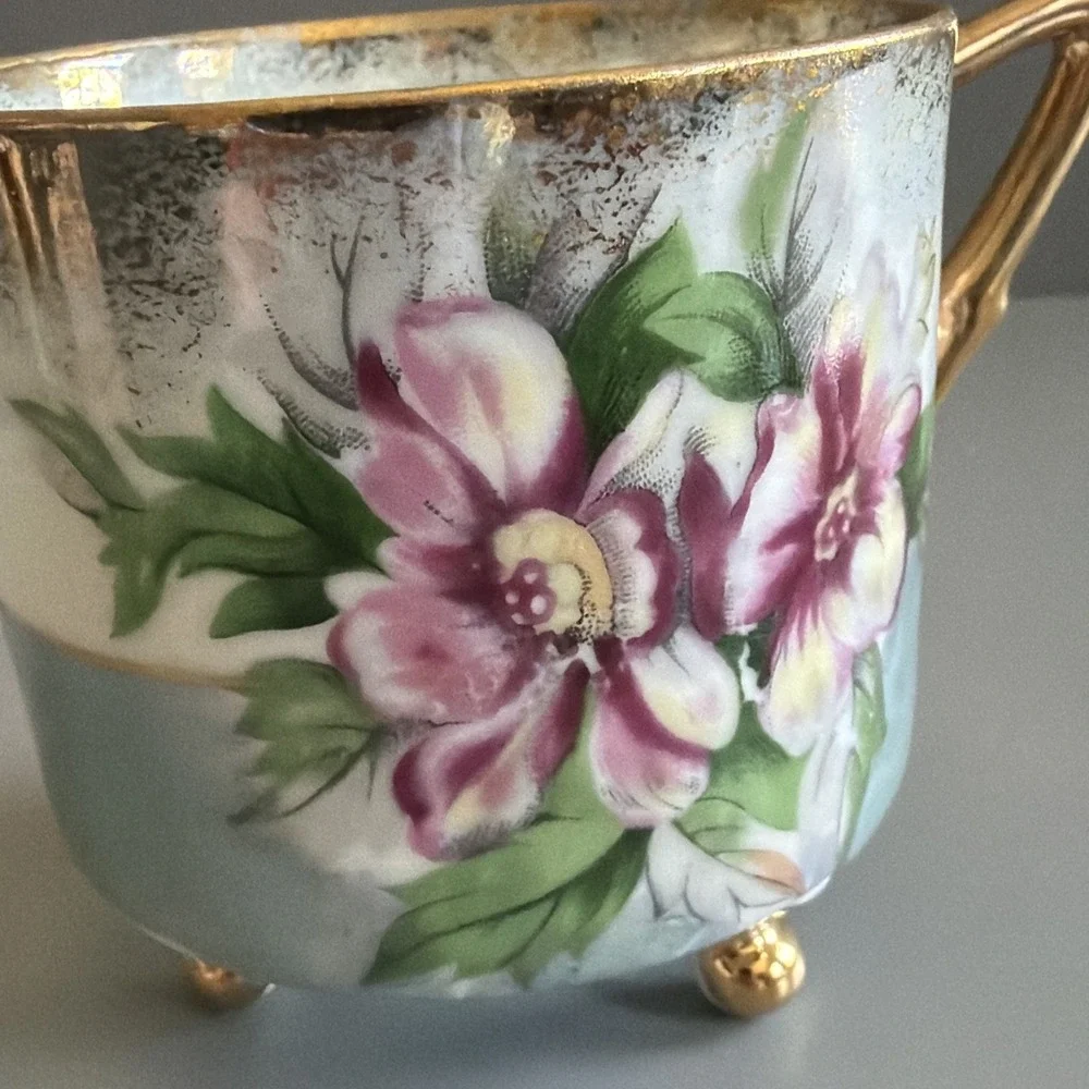 VTG Mid Century Tea Cup Saucer Sterling China Iridescent Floral Gold Tri Footed